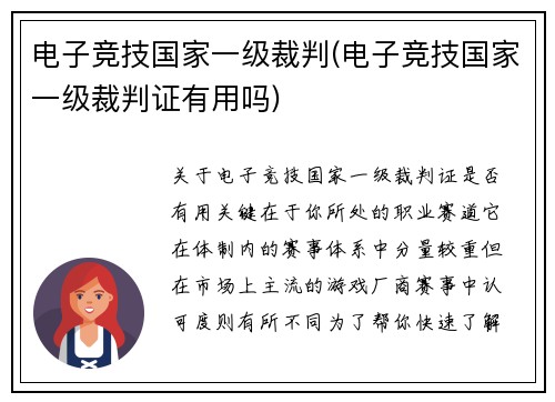 电子竞技国家一级裁判(电子竞技国家一级裁判证有用吗)